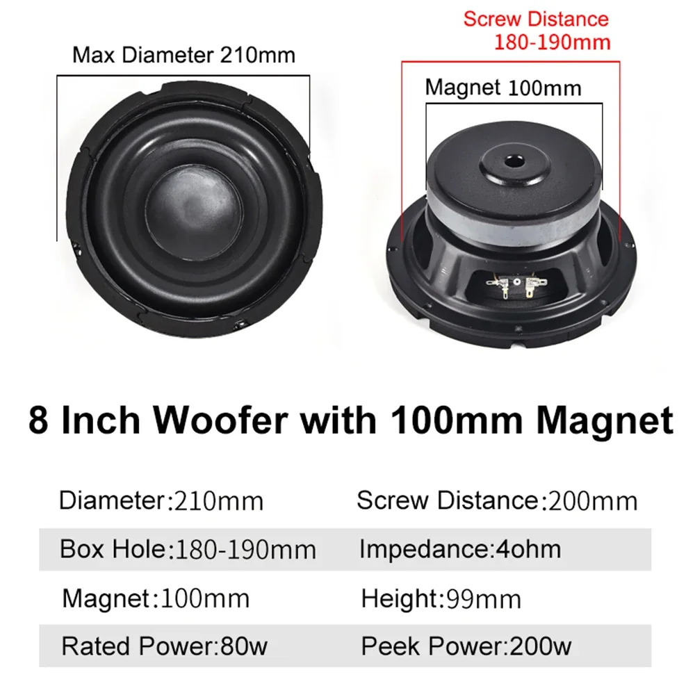 8Inch 80W 4Ohm Woofer Speaker Low Frequency Audio Bass SubWoofer DIY Hifi Sound System Home Theater Music Louderspeaker
