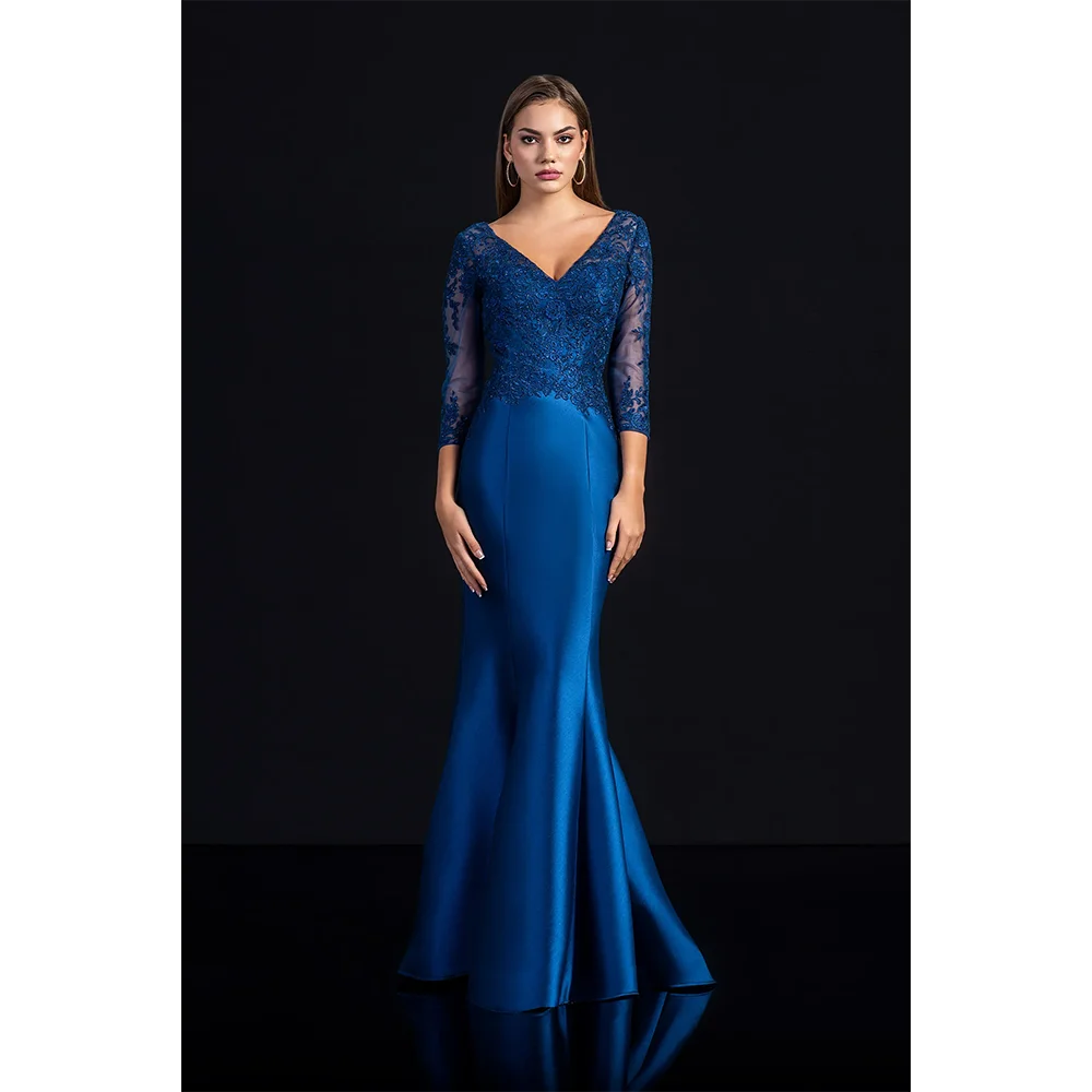 Satin V Neck Mermaid Prom Dresses Long Sleeve Evening Dress Lace Appliques Floor Length Party Gowns