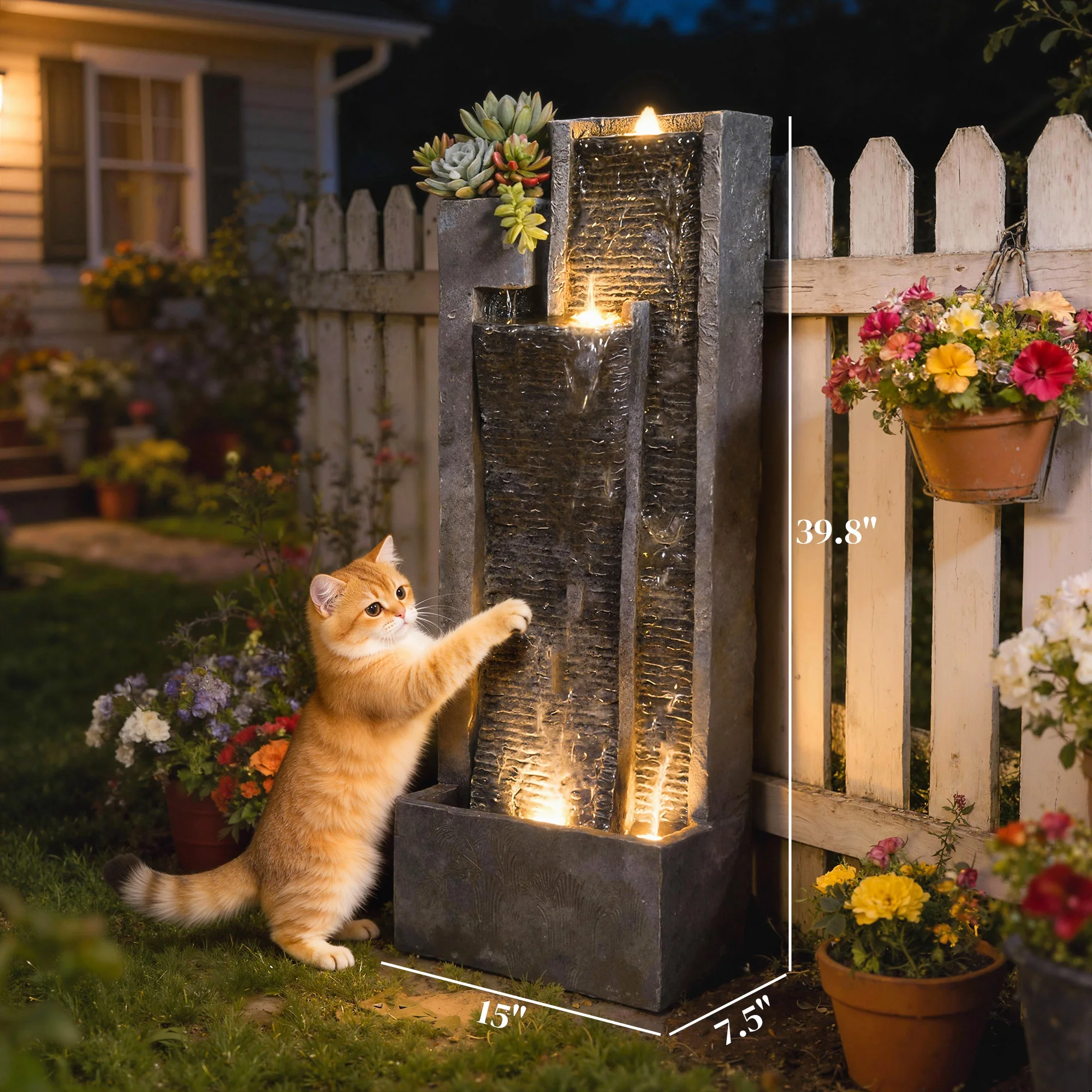 Fuente de Agua en Cascada para Exteriores de 40 Pulgadas de Alto con Luces LED y Jardinera, Fuente de Agua en Cascada de 3 Niveles con Bomba, Color Gris Oscuro