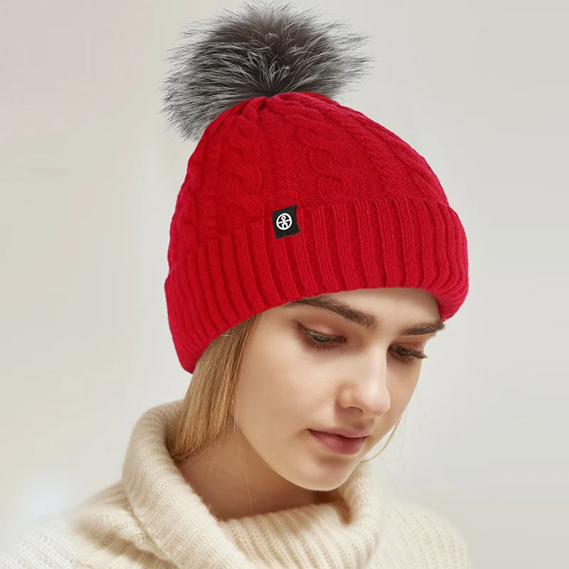 100% Pure Wool Cable Knit Beanie for Men Women Raccoon Fur Pom Pom Winter Hat Thick Warm Windproof Outdoor Knit Cap