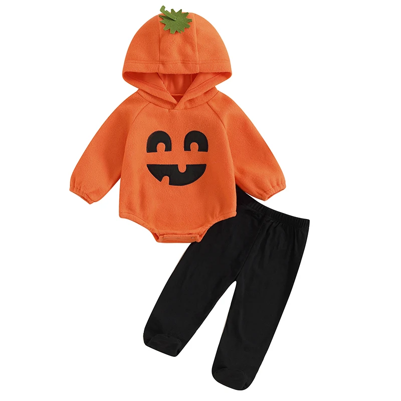 Baby Boy Pumpkin Outfit Long Sleeve Hoodies Romper And Pant Halloween Clothes Toddler Pumpkin Costume 0-2t