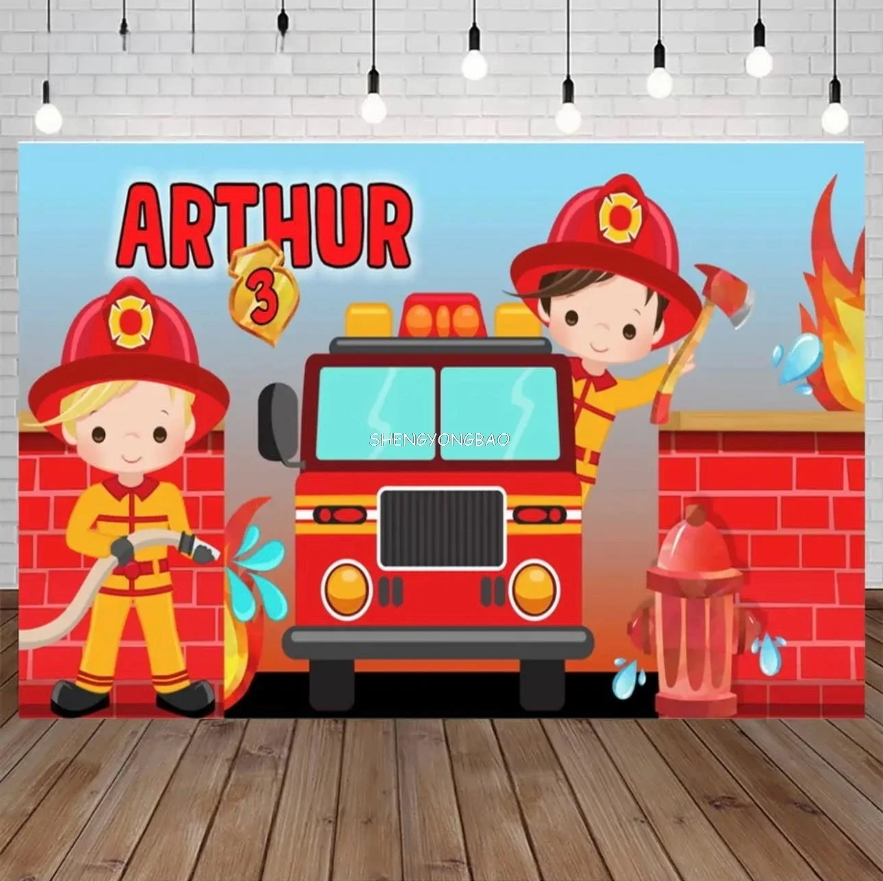 소방관 샘 테마 생일 Photograpny 배경 소품 소방관 트럭 소년 어린이 파티 만화 사진 스튜디오 배경 XF-01