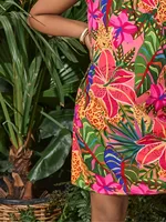 Kids Girls Tropical Floral Print Dress, Short Ruffle Sleeve Round Neck Lace Trim A-Line Casual Summer Dress 4