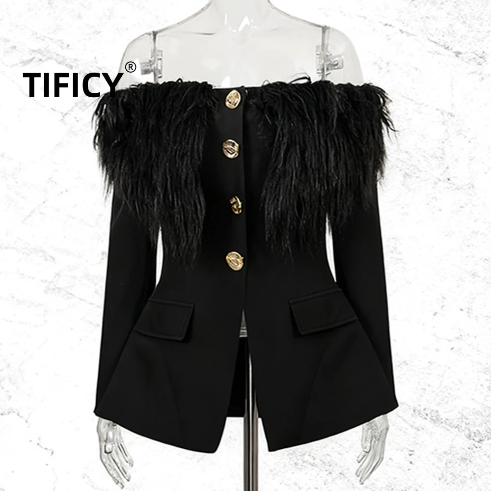 High Street Blazers Women's New One Shoulder Feather Metal Buckle Decorative Waist Slimming Long Sleeve Suits Coat