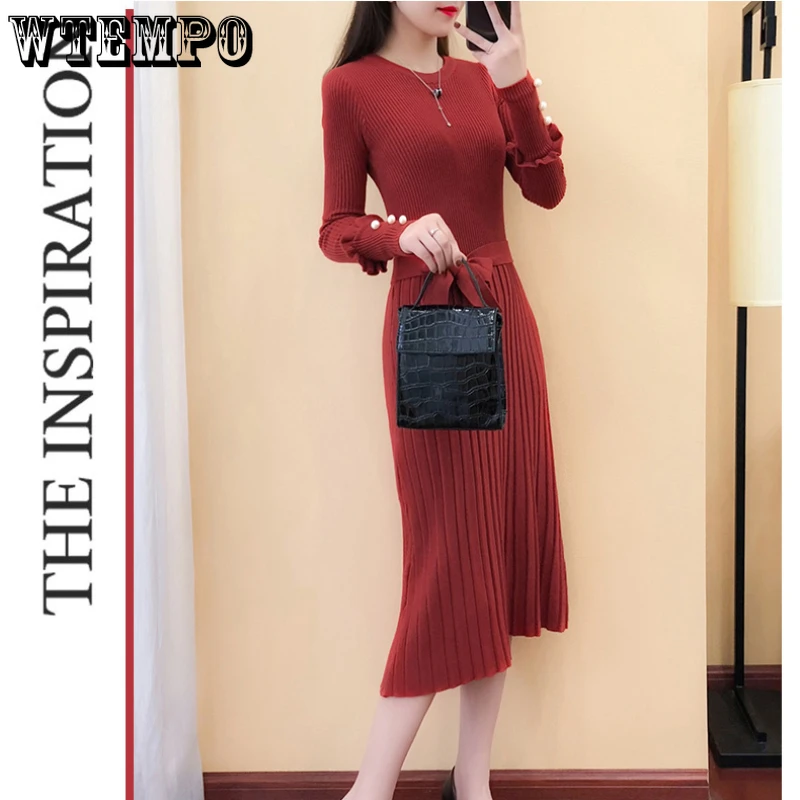 WTEMPO, moda coreana, vestido suéter ajustado con cuello redondo, vestidos largos de punto plisados de manga larga con cinturón elegante para mujer