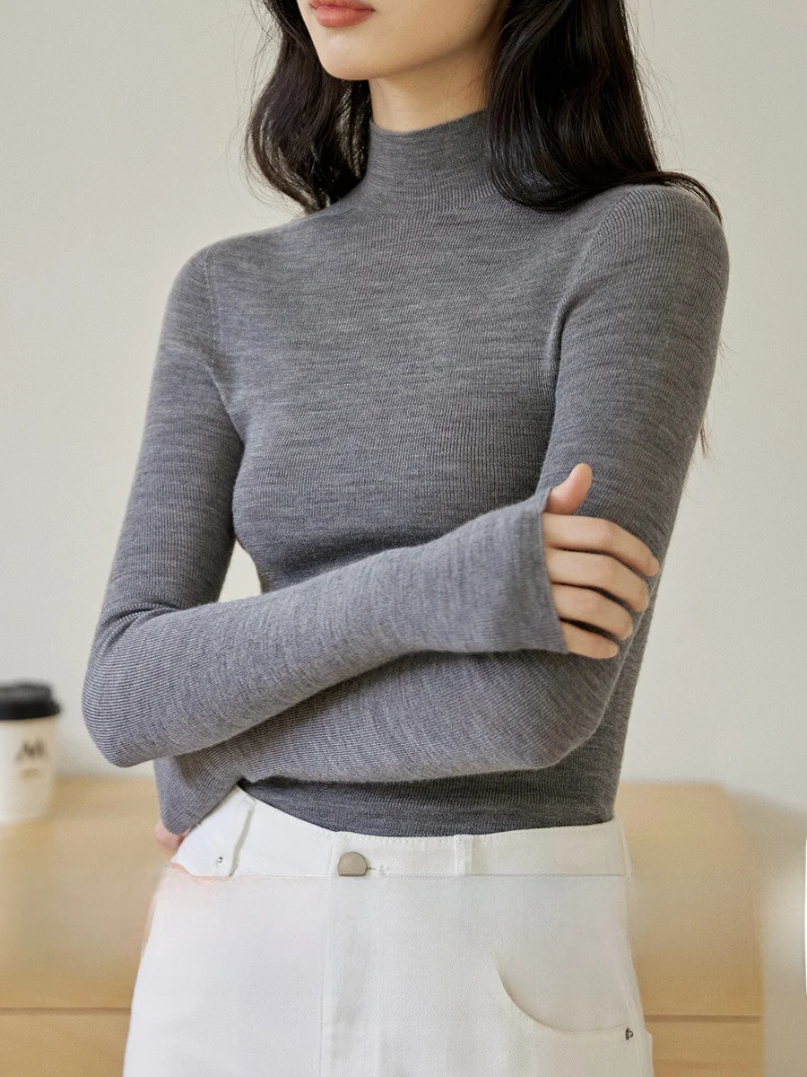 

Ginnke8 Needle Sl Yangzhou Wool Merino Spun Ultrine ey Thin Base irt Women's Faion Casual Slim Fit Knitted Top