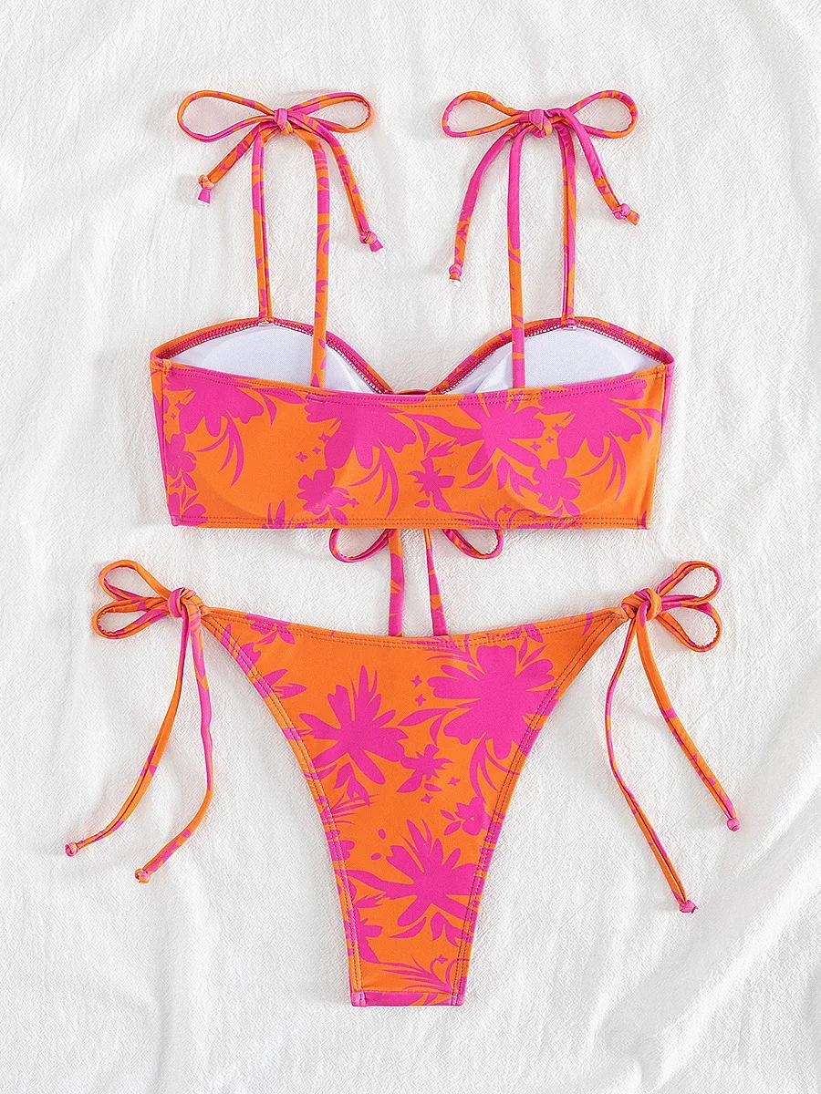sexy floral print bandeau bikinis sets two pieces tie bow bathing suit swimsuit swimwear women beach outfits biquini tankini