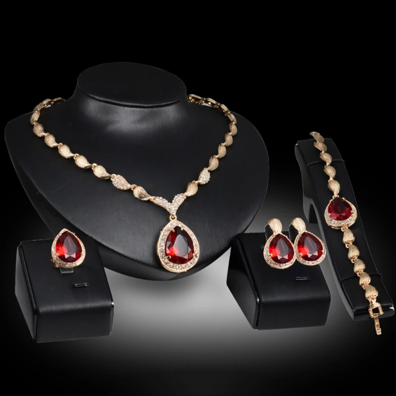 

Wedding Bridal Jewelry Set Red Gemstone Pendant Necklace Earring Bracelet Ring