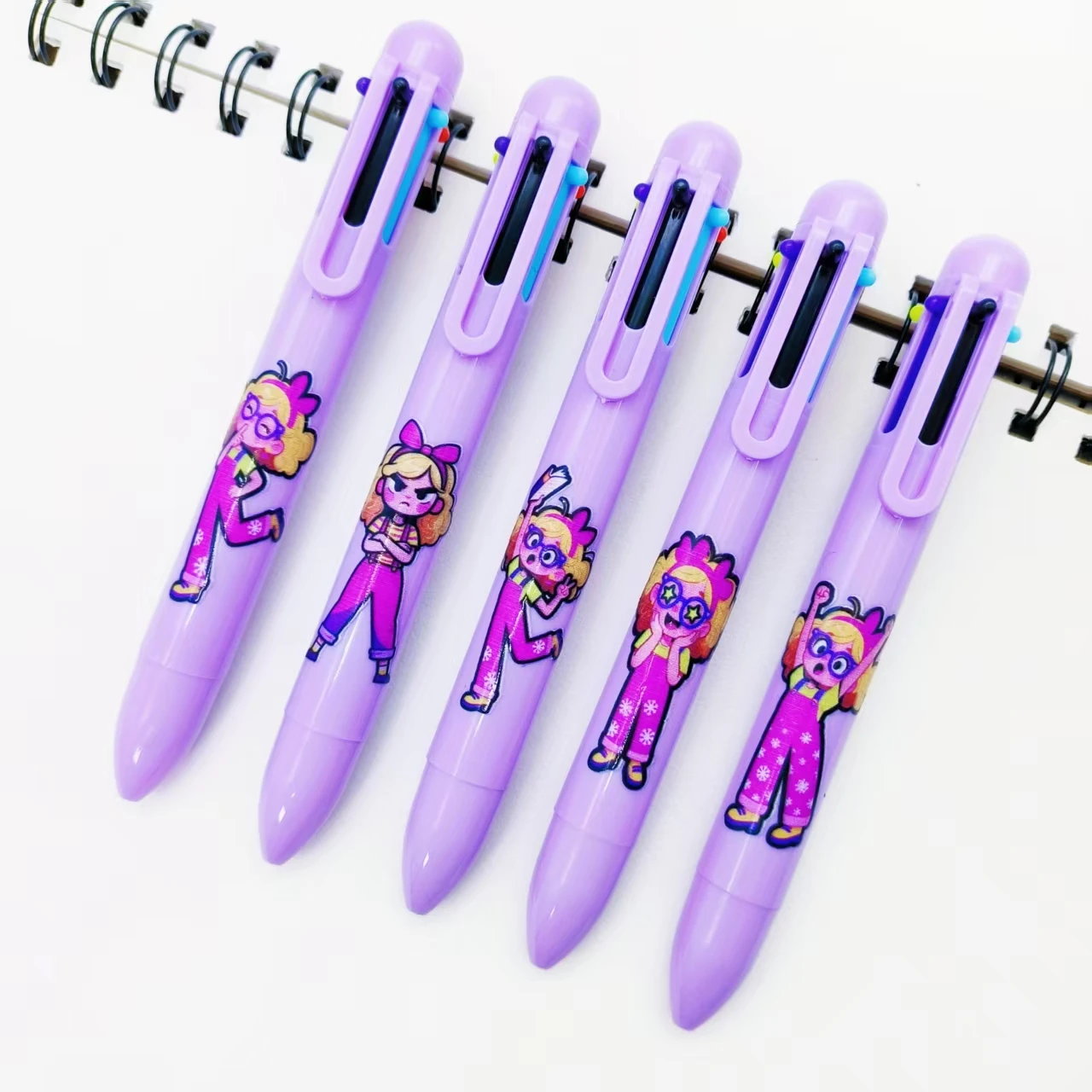 

12 шт., милый фиолетовый держатель для ручек, шариковая ручка «шесть в одном», разноцветная ручка с забавной тематикой девушки, ручка для печати ключей