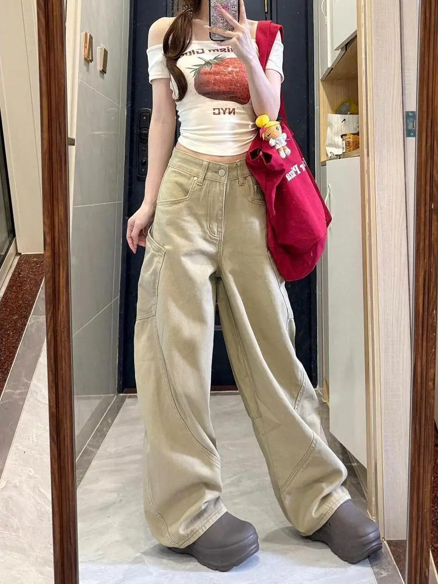

High Waist Loose Fit Straight Leg Jeans Women's Spring Autumn New Sle Retro Khaki Color Multi ket Wide Leg Long Pants