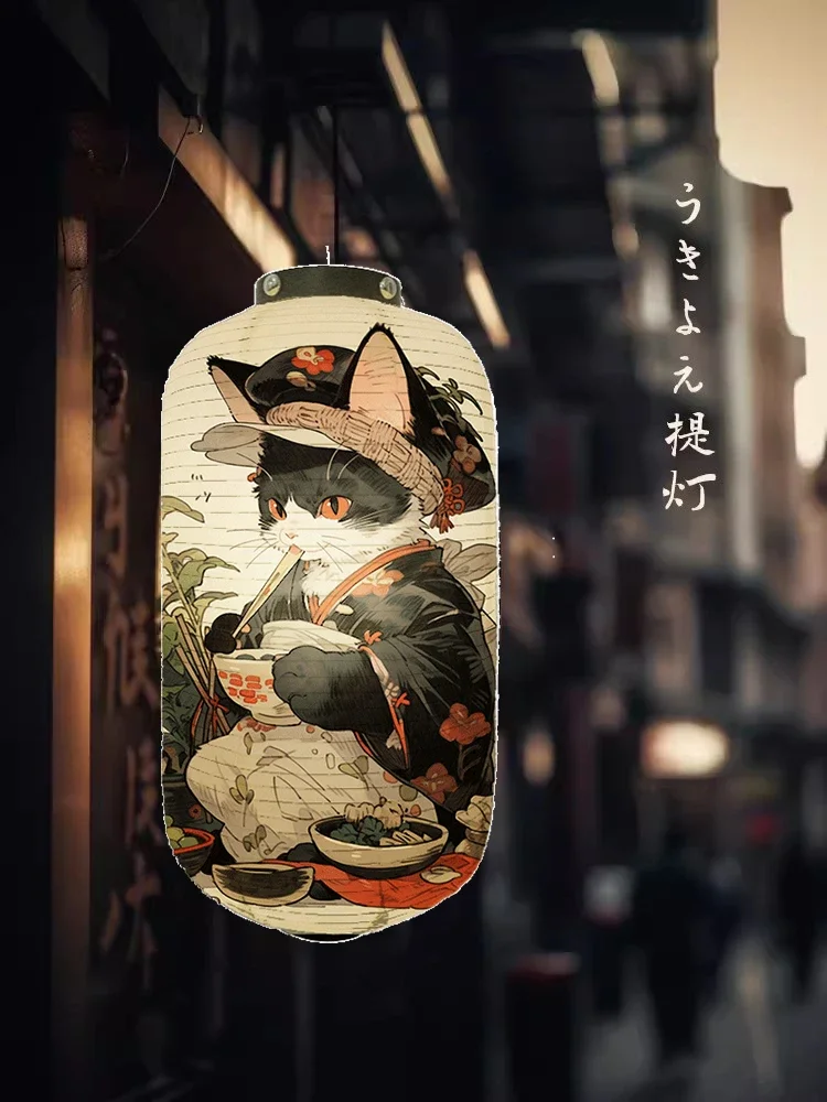 Japanese Traditional Paper Lantern Samurai Cat Art Pattern Ukiyo-E Style Lantern Decor Restaurant Cuisine Sushi Shop Advertising