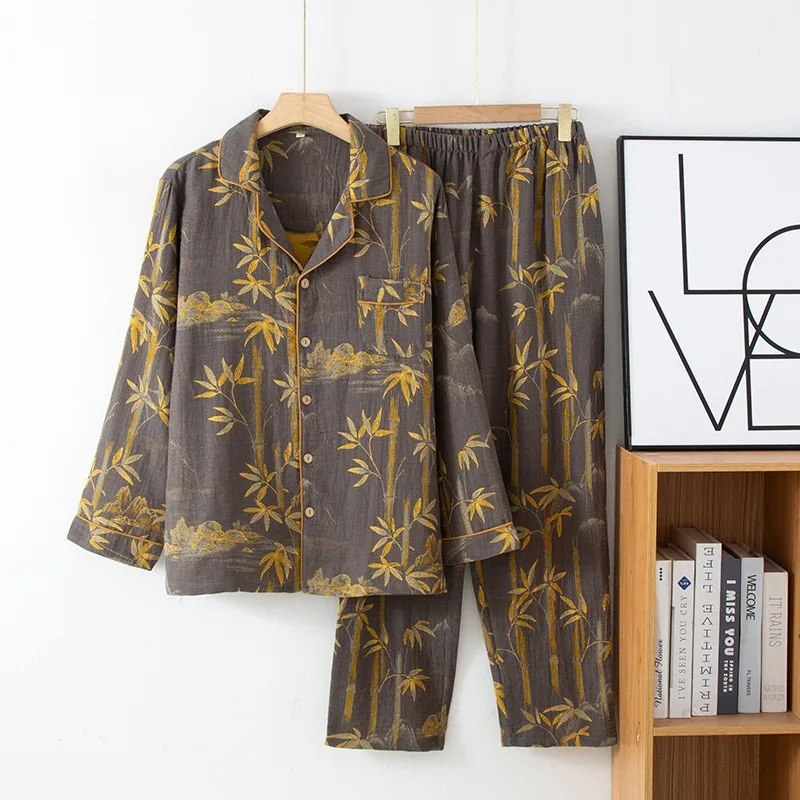 Women Pure Cotton Gauze Pajama Set Soft Breathable Oriental Bamboo Print Sleepwear All Season Classic Lapel Home Wear Elegant