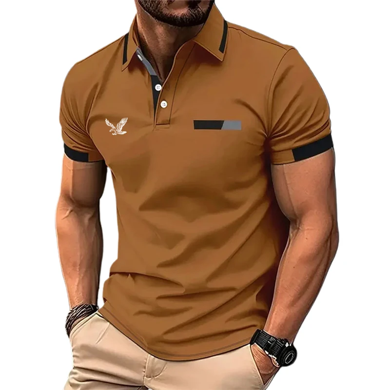 

Fashion Eagle Golf Polo Shirts Classic Casual Breathable Short Sleeves Summer Loose Basic Color Block Patchwork Button Polo Tops