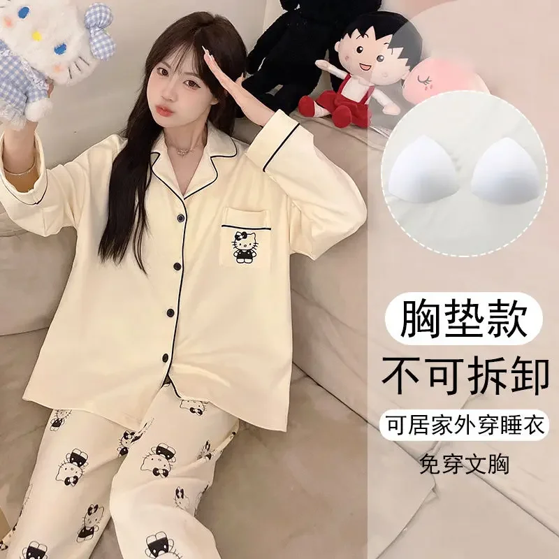 Kawaii Sanrios Hellokitty Cute Pajamas Girl Cardigan Cartoon with Chest Pad Couple Nightgown Sleeping Loose Casual Home Wear Set