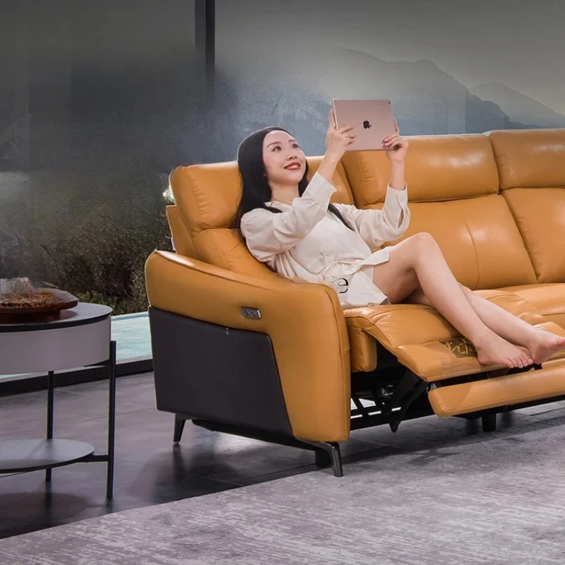 

Leather electric sofa living room modern multi-functional sofa minimalist small apartment cowhide sofa