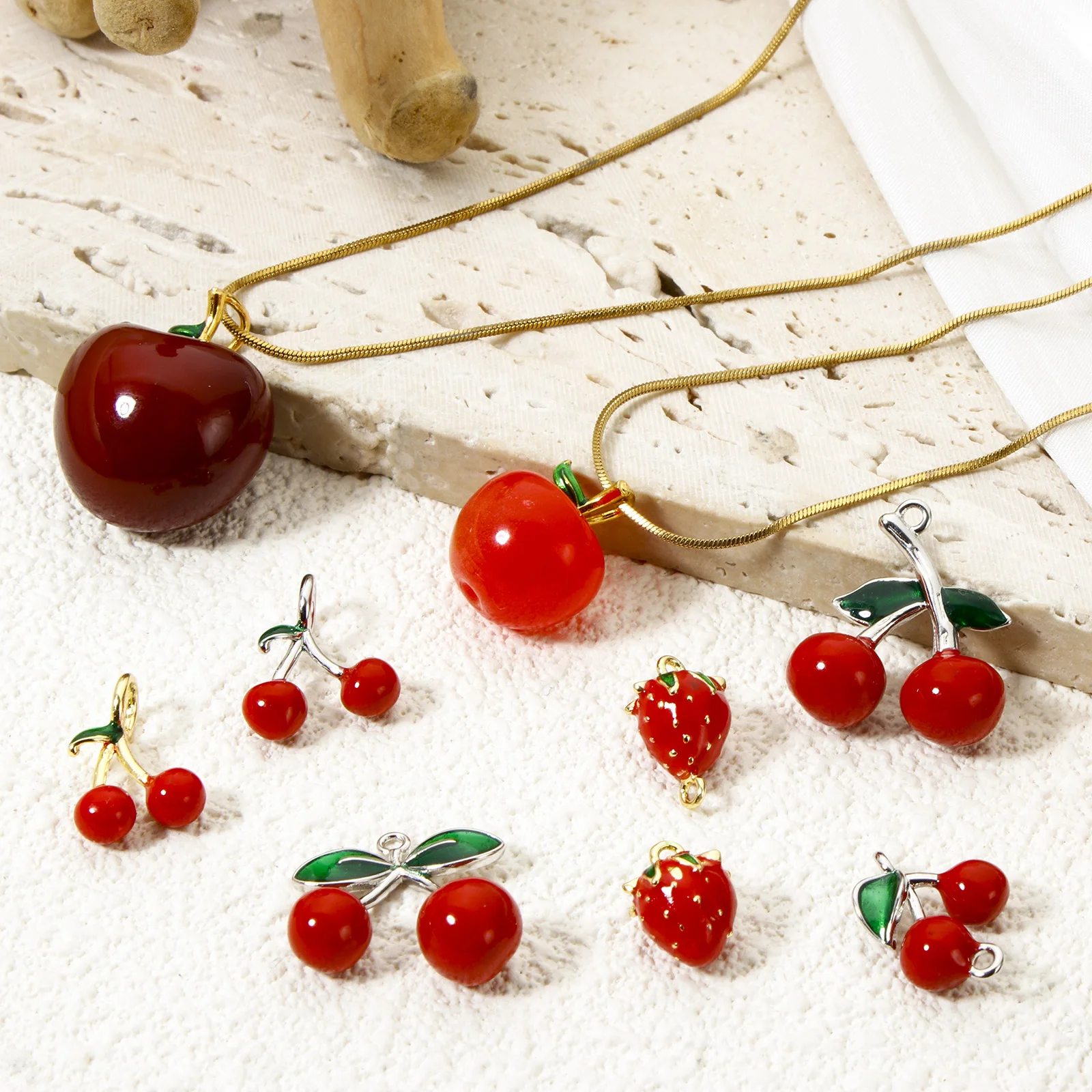 1 Piece Brass 3D Charms Red Fruit Enamel Cherry Strawberry Pendants For DIY Necklace Bracelet Jewelry Making Findings