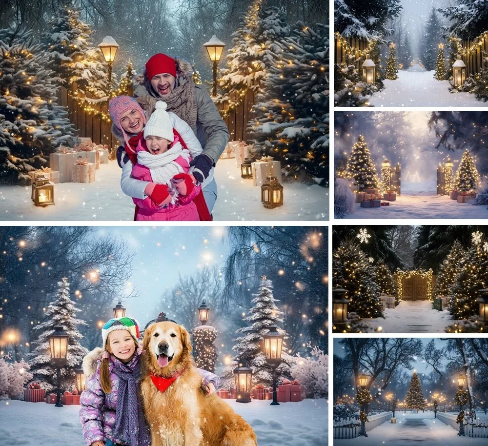 Winter Christmas Photography Backdrop Snowfield Pine Trees Road Lamp Fence Family Kids Portrait Photo Background Photo Studio