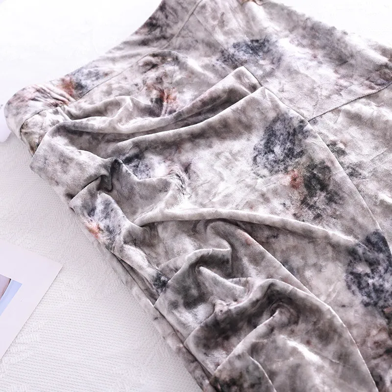 Vintage Neo-chinese Y2K Print Grey Velvet Midi Skirt Women Spring Autumn Elegant Luxury Ruched High Waist Bodycon Mermaid Skirt