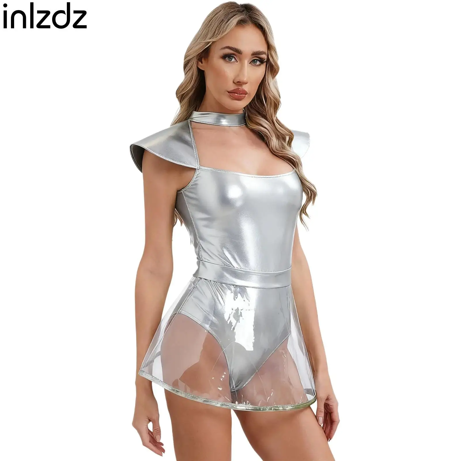 

Halloween Space Alien Role Play Costume for Womens Carnivals Fancy Dress Performance Clothes Fly Sleeve Leotard with PVC Skirts