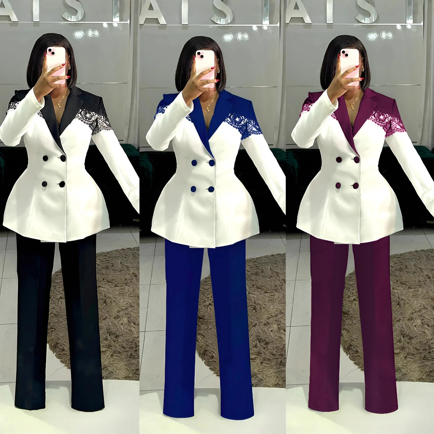 

Two Pieces Women Pant Sets Spliced Matching Sets Lace Button Turn Down Collar Waist Cinchied Top Elastic Waist Pant 2026 Autumn