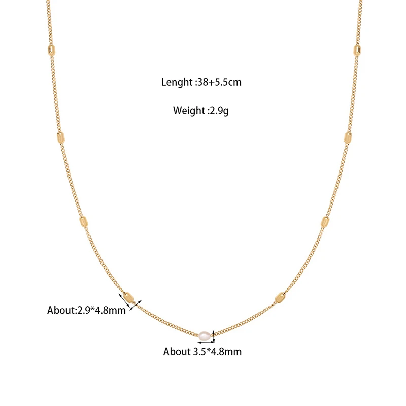 ​Simple Stainless Steel Freshwater Pearl Oval Metal Beaded Chain Necklaces for Women Plated 18k Gold Choker Waterproof Jewelry