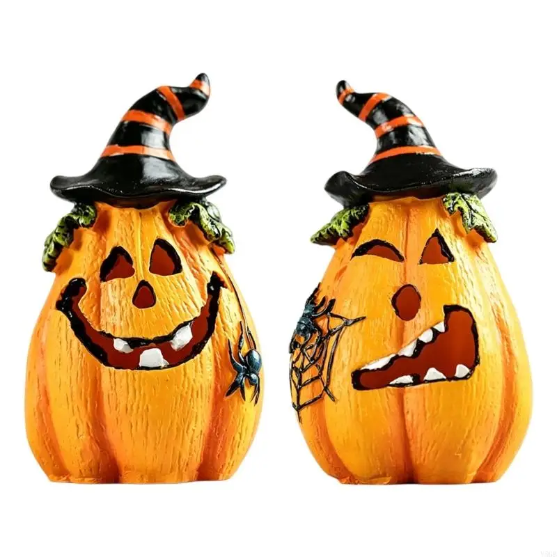 2Pcs Halloween Cutout Pumpkin Decors Resin Figurine With Witch Hat and Carving Face, Seasonal Tabletop Holder for Y5GB