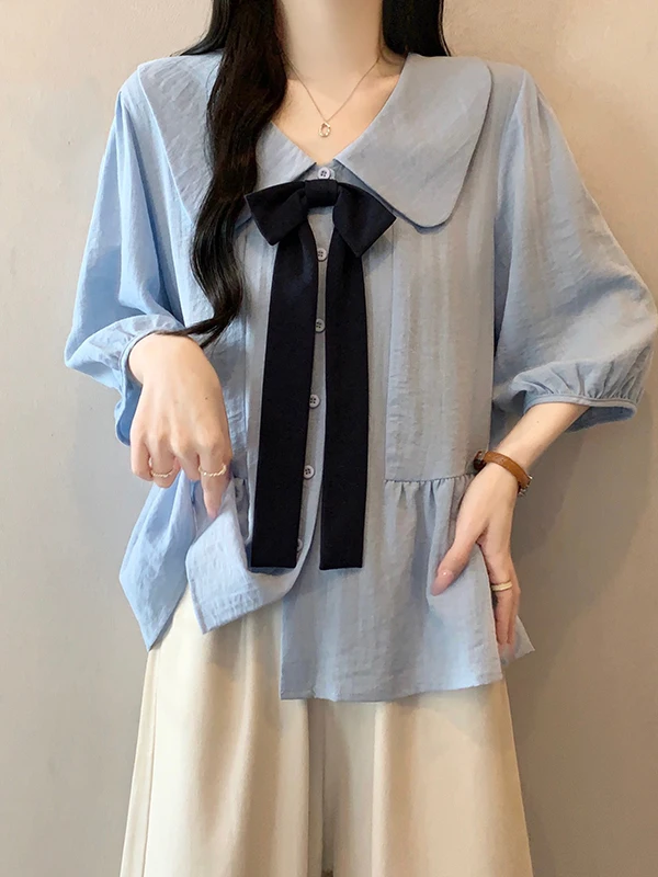 

Light Blue Bowtie Doll Collar Short Sleeve Shirt Women's Summer New plus Size Anti-Aging Top Korean Style Loose Fit Commute