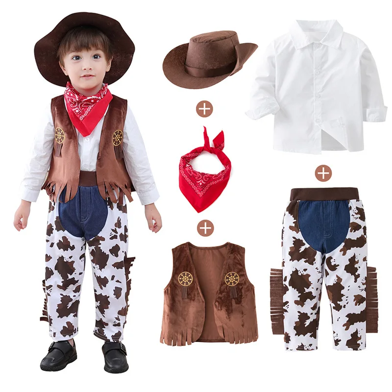 Baby Clothes Boys Cowboy Costume For Kids Children Cosplay Clothing Sets Vest+Trousers Pants+Scarf+Hat 4pcs Toddler Outfits Suit