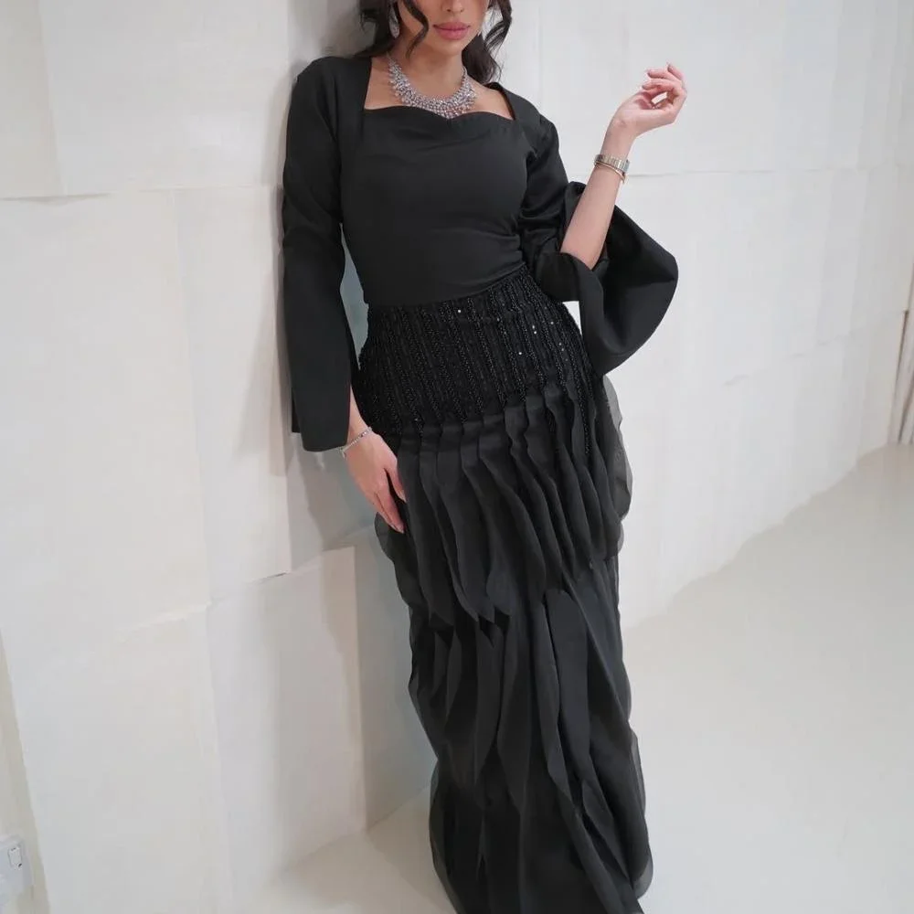 

Customized Black Elegant Evening Dresses Jersey Long Sleeves Women's Party Dresses Pleats Straight Prom Dress 2025