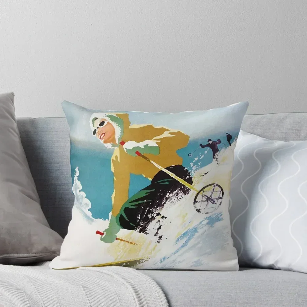 

Vintage ski poster, woman skiing in Quebec Throw Pillow christmas decorations 2025 Cusions Cover pillow