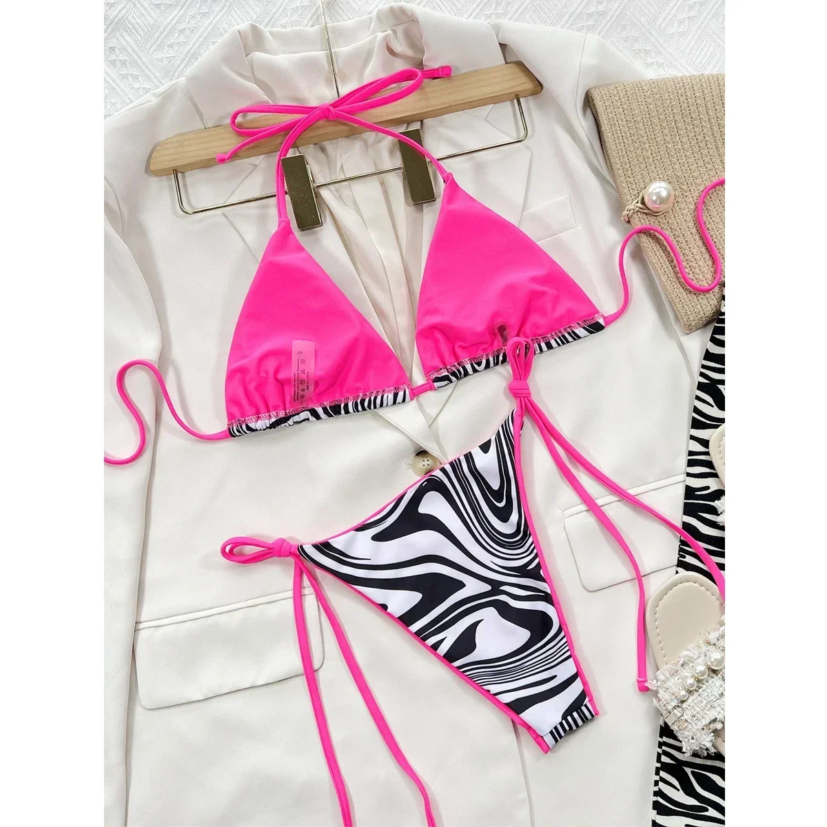 Sexy Zebra Print Bikini Women 2-piece Triangle Bag Swimsuit Fluorescent Bandage Backless Bathing Suit Low Waist Swimwear 2025