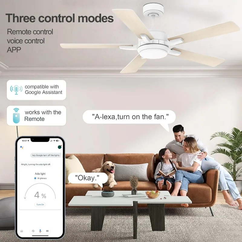 Quiet DC Motor,Indoor outdoor Modern Ceiling Fans with Dimmable Light,6-Speed,Control with WIFI Alexa APP, White/Light Wood