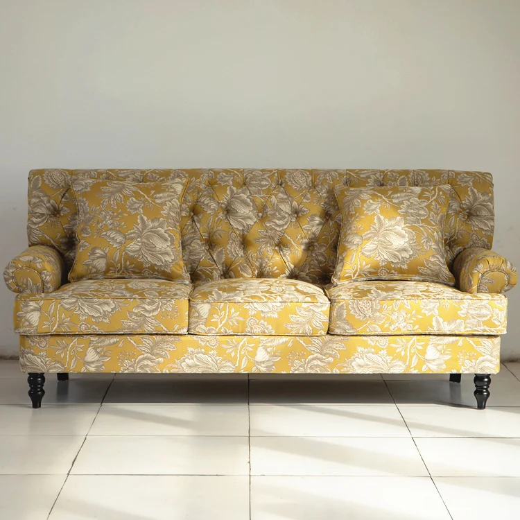 أريكة غرفة المعيشة الخشبية الصلبة الرجعية شقة صغيرة عالية الظهر الأصفر الرعوية سحب مشبك النسيج أريكة ثلاثة أشخاص #5