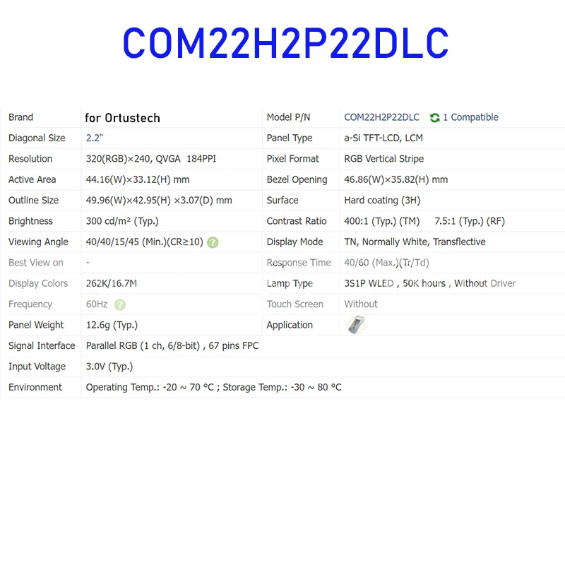 لوحة شاشة عرض LCD أصلية لـ Ortustech ، العلامة التجارية الجديدة وسريعة الشحن ، 100% تم اختبارها ، COM22H2P22DLC ، 2.2"