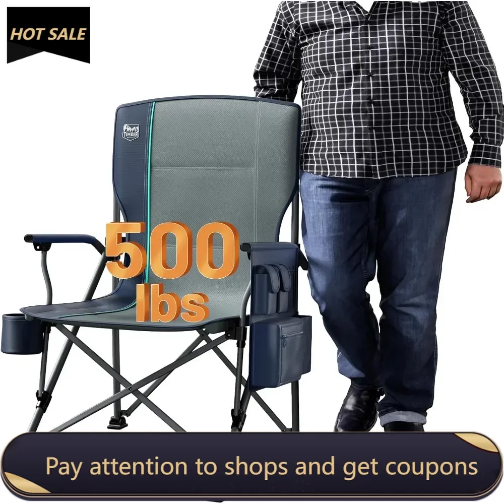 

Oversized Folding Camping Chair High Back Heavy Duty for Adults Support up to 500lbs with Cup Holder, Side Pocket Cooler Bag