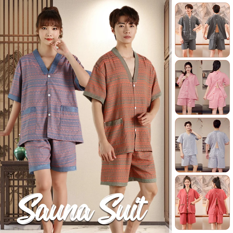 Cotton Sauna Suit Women Men Pajamas Summer Comfort Sweat Sauna Cardigan Cupping Back Massage Acupuncture Physiotherapy Clothes