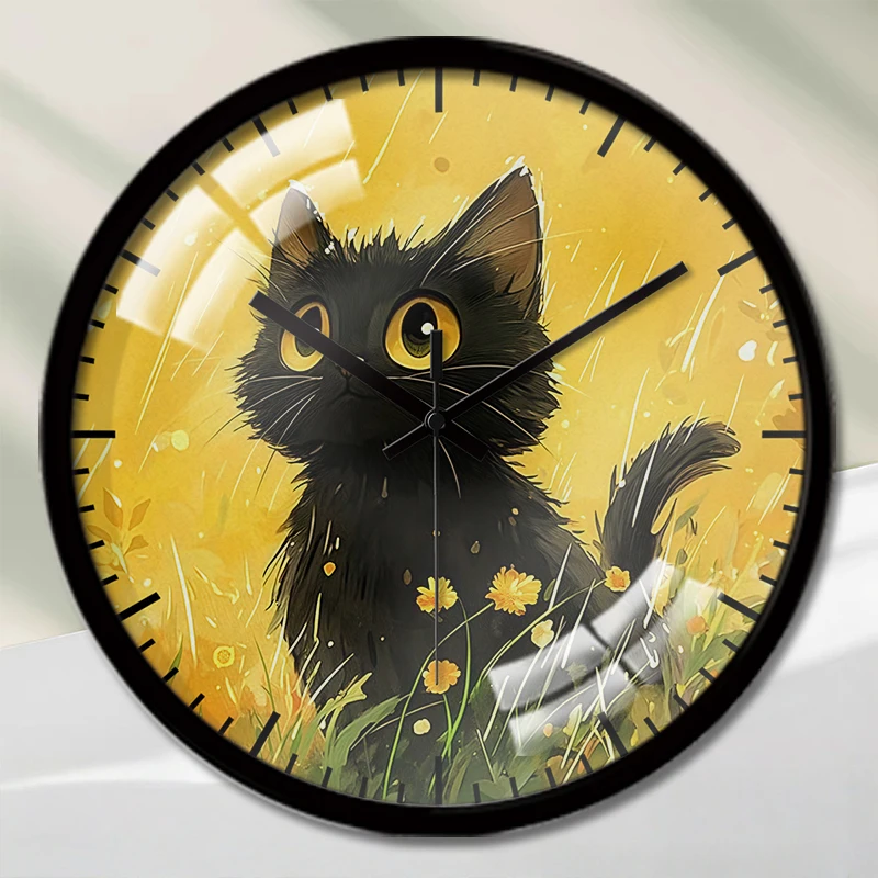 Katze in der Goldenen Welt, Cartoon, rund, geräuschlos, zum Aufhängen, geeignet für Wohnzimmer, Schule, Arbeitszimmer, Schlafzimmer, Kindergeschenke