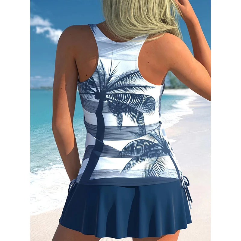 Zweiteiliges Bikini-Set mit tropischem Blattmuster, 2025, konservativer Tankini mit hoher Taille für Damen, sexy Push-Up-Badeanzug, Vintage-Bademode