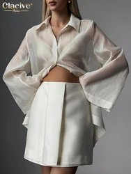 Clacive Fashion Loose Beige Women's Shirt 2025 Casual Lapel Long Sleeve Blouse Elegant Classic Solid Top Female Clothing