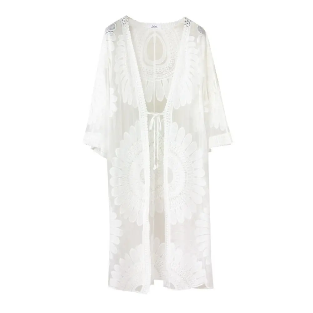 Fashion Sun Protection Bikini Cover up V-Neck Sunflower Woman Bikini Cover-up Embroidered Lace Loose Cardigan Beach
