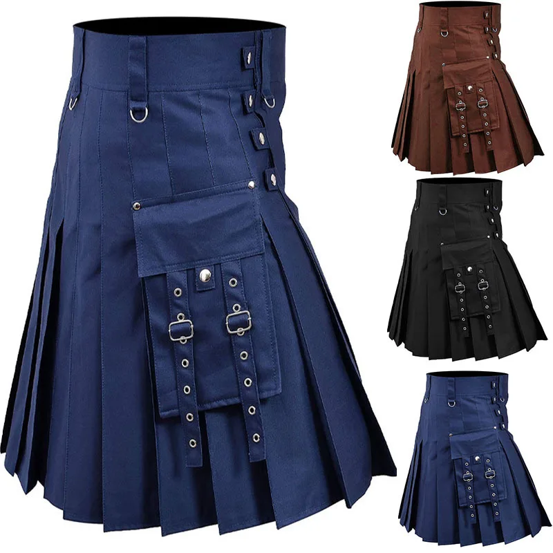 Nueva falda de Festival de estilo escocés para hombre, Falda plisada Medieval multicolor, cintura alta, Color sólido