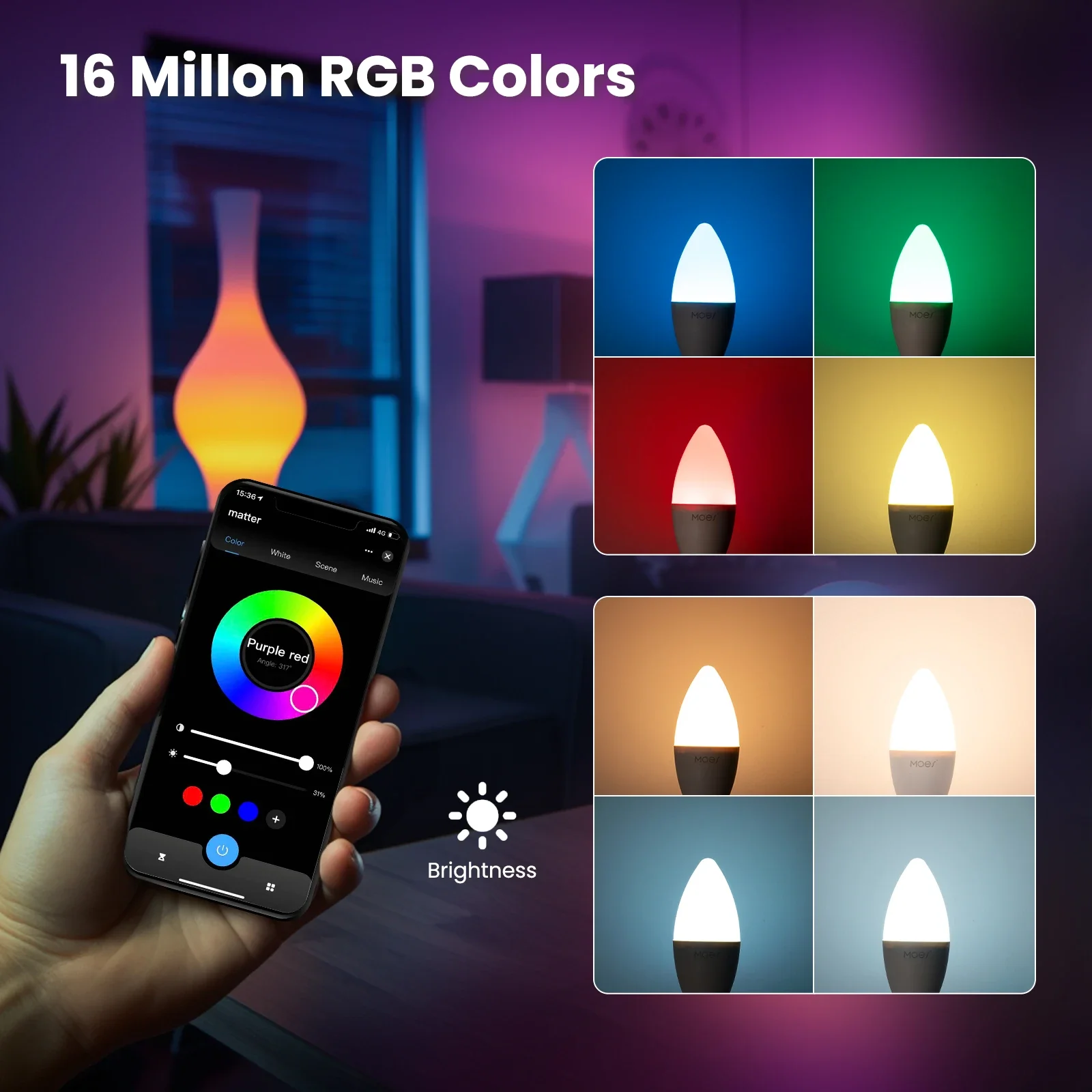 MOES-bombilla inteligente Tuya Matter, luz Led regulable con WiFi, 16 millones de colores RGB, lámpara de vela E14, Control por voz, Alexa y Google