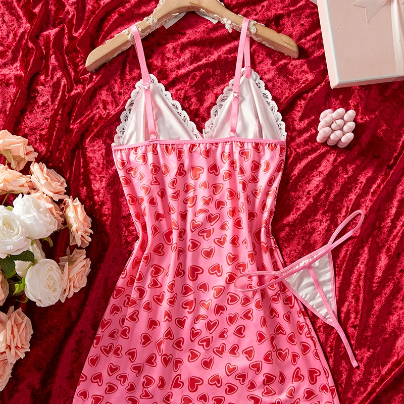 Sexy Nightdress Set Sexy Women's Suspender Sleeping Dress Printed Patchwork Lace Slit Babydoll Erotic Underwear Festival Gift view 5