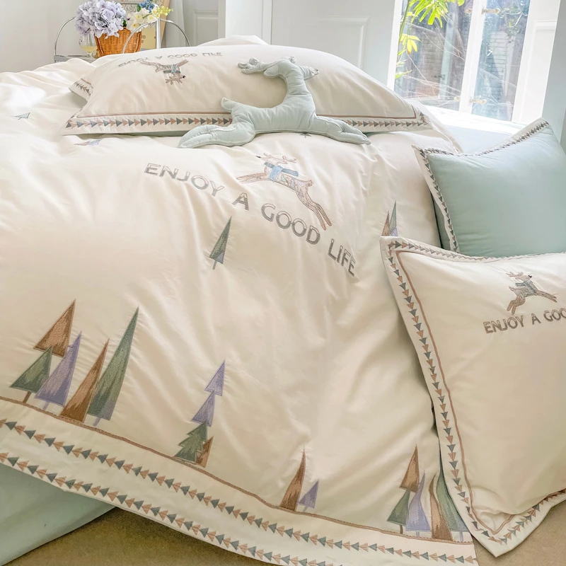 

Mist deer embroidery four-piece set washed cotton bedding soft small fresh bed sheet quilt cover pure cotton