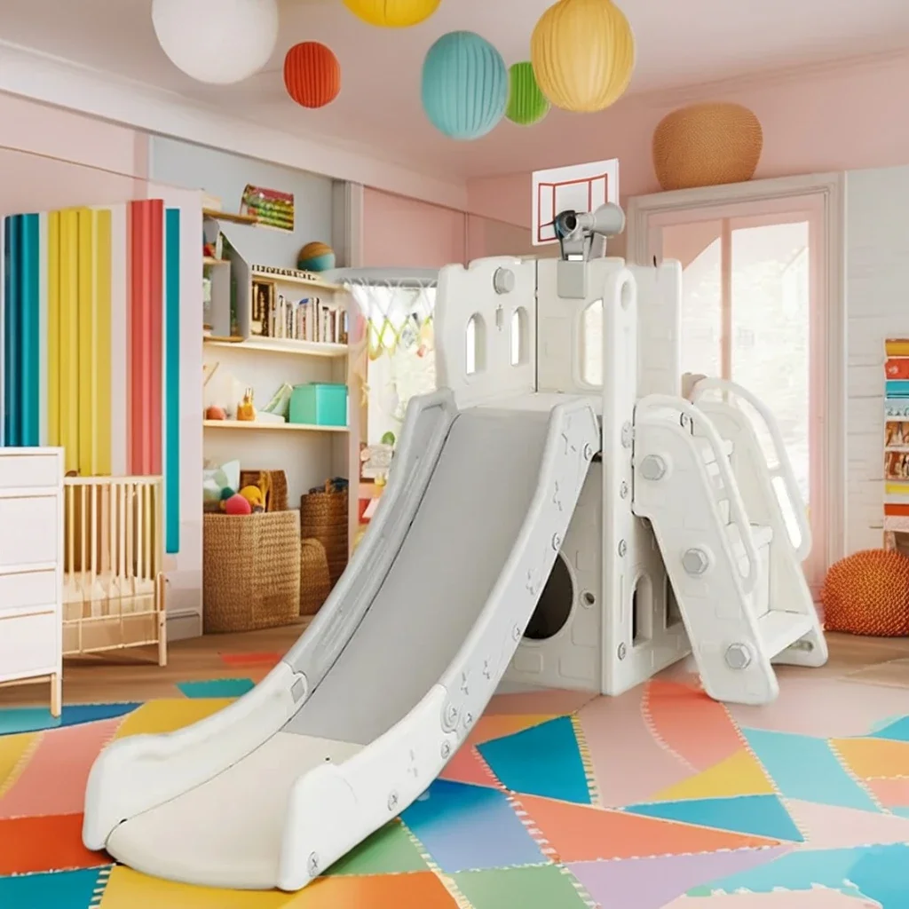2026 Hot Sale Indoor Small Plastic Playground Slide for Kids New Style Multifunctional Toy with Basketball Hoop for Indoor Play