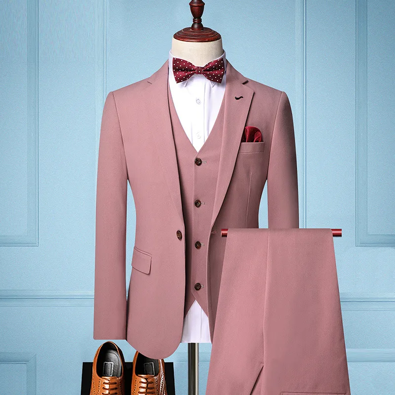 New Men's Slim Fit Solid Color Three Piece Suit for Physical Stores, Men's British Single Button Casual Suit Set