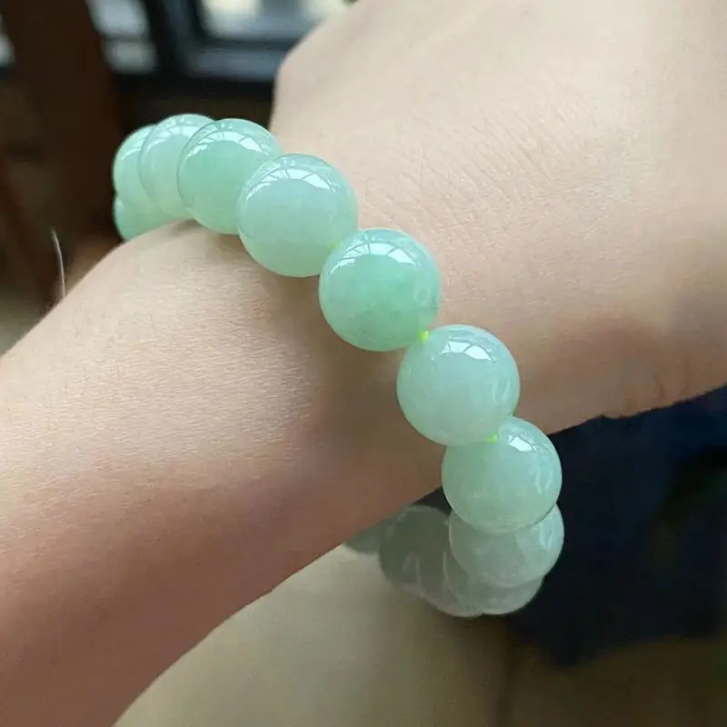 Natural a Cargo Burma Jadeite Bracelet Ice-like Glue Sweet Green Full Color Bead Necklace Men's and Women's Bracelets 10mm