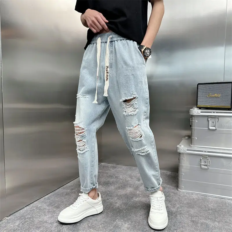 جينز ممزق قديم 2025 للرجال فضفاض مستقيم للربيع والصيف رفيع واسع الساق سراويل هارلان بخصر مطاطي سراويلي حريمي للرجال #6