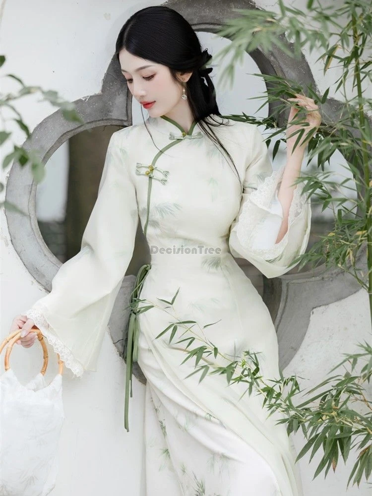 2024 chinese vintage traditional zen tea qipao exquisite bamboo printing chic flounce design qipao dress new daily elegant dress