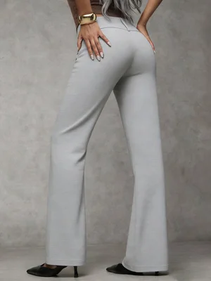 Ladies Solid Color High‑Rise Flare Trousers Double Buttons Waist Design Business Casual Pants For Women Work Office Wear With Si